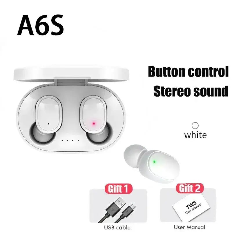 TWS A6S wireless Bluetooth earbuds in white, featuring button control and stereo sound with USB cable and user manual included.