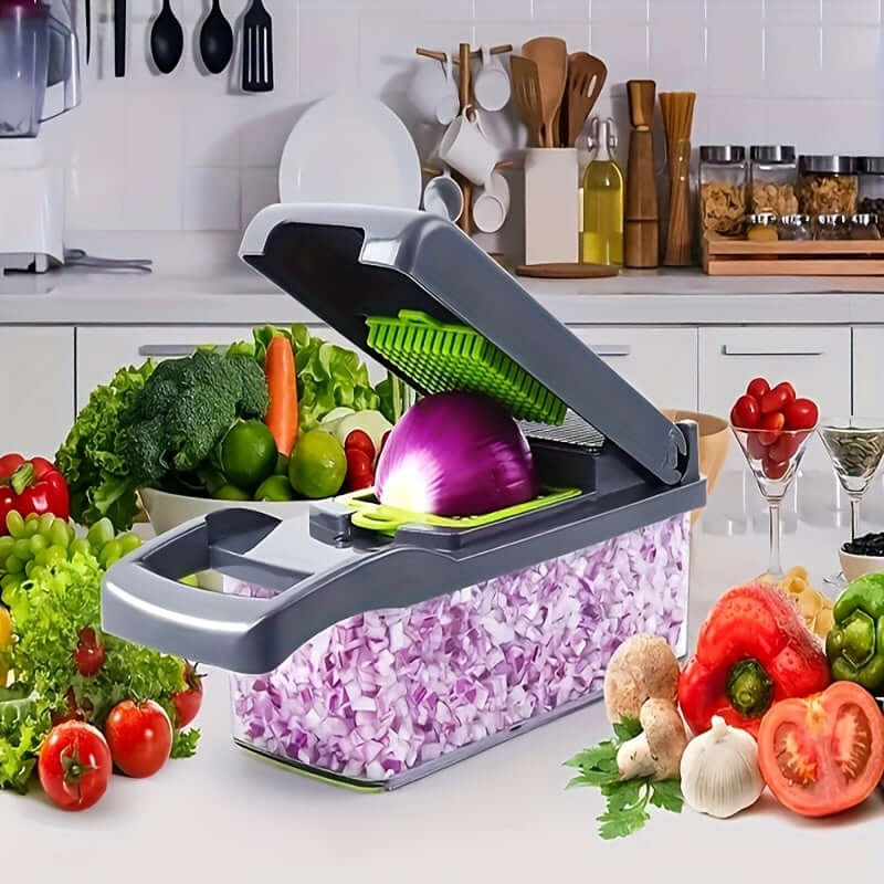 Upgraded Vegetable Chopper 15pcs set by GOF, efficiently chopping onions and veggies in a colorful kitchen setting.