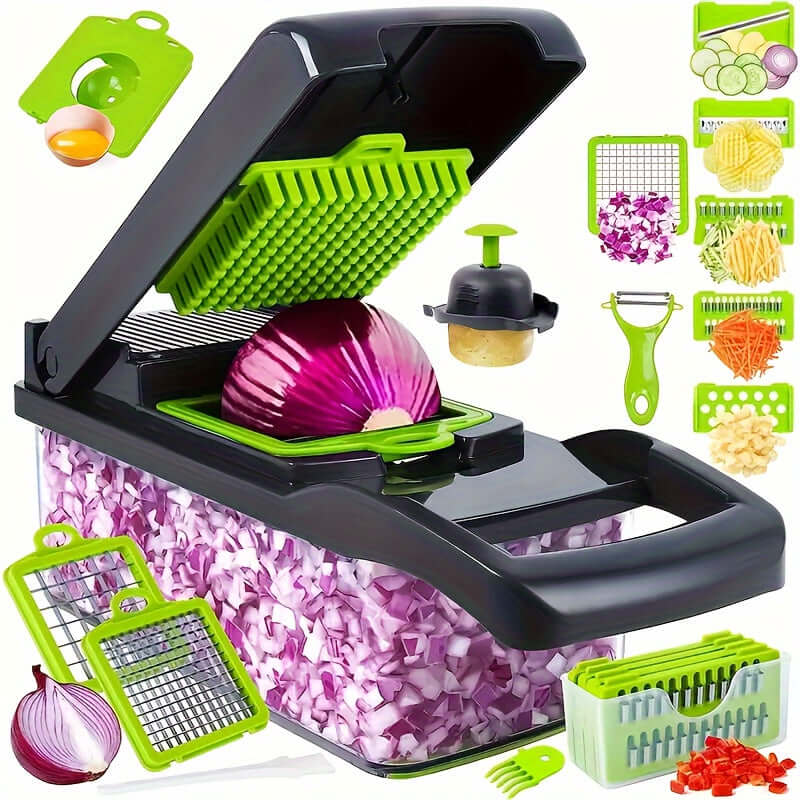 Upgraded Vegetable Chopper 15pcs Set by GOF, featuring manual operation and high-quality carbon steel blades in a vibrant design.