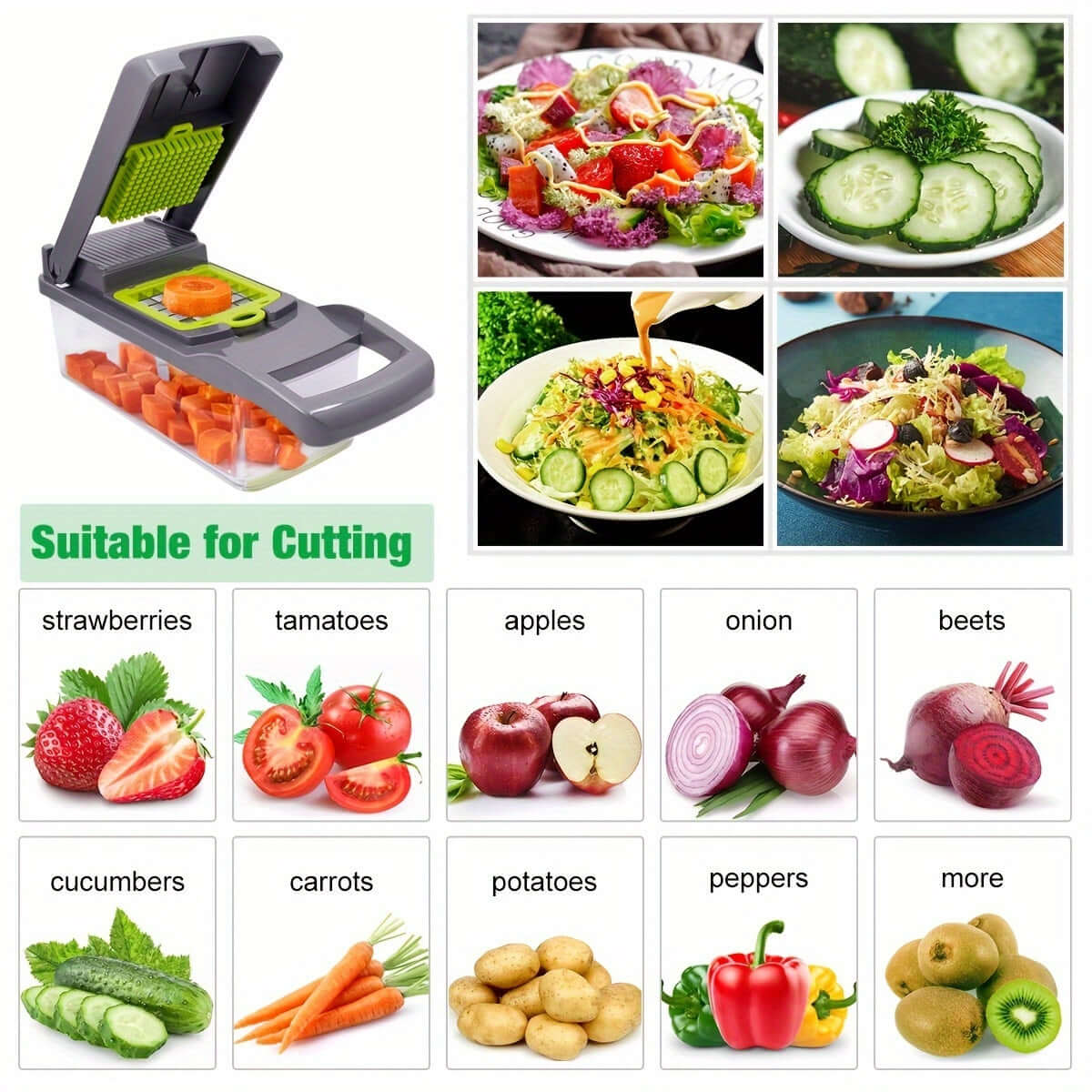 Upgraded Vegetable Chopper 15pcs Set by GOF, showcasing various vegetables and salads suitable for cutting.