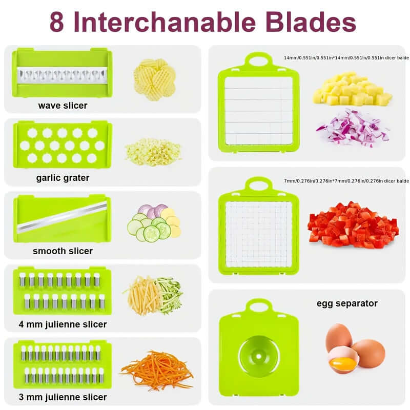 8 interchangeable blades for vegetable chopper, including wave slicer, garlic grater, and egg separator.