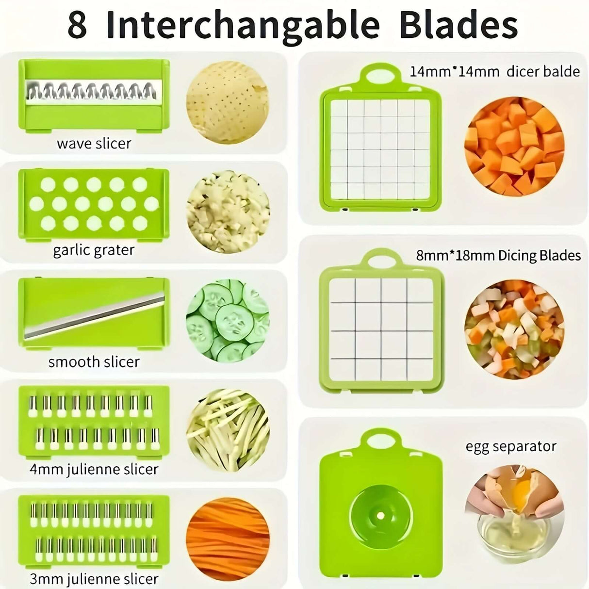 8 interchangeable blades for vegetable chopper, including wave, smooth, and julienne slicers, garlic grater, and egg separator.