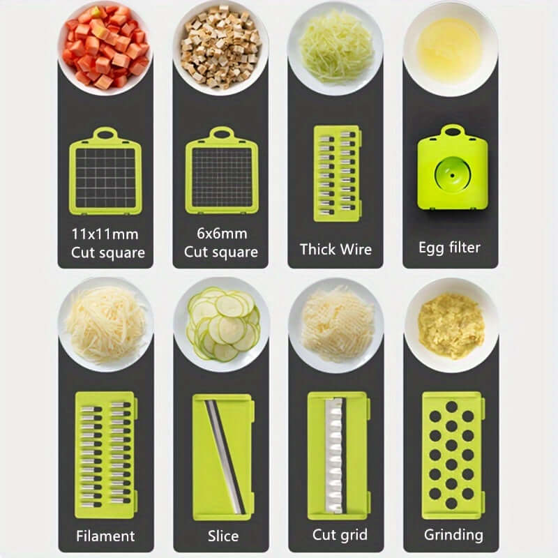 Upgraded vegetable chopper 15pcs set by GOF showing various cutting tools and functions for efficient food preparation.