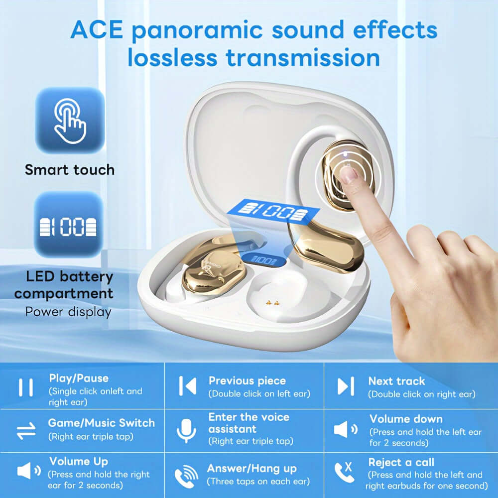 Touch control interface for ACE panoramic sound effects wireless headphones with battery display.