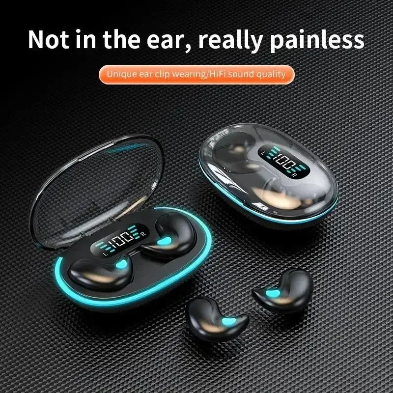NEW X55 wireless sleep earphones in charging case showcasing HiFi sound quality and active noise cancellation features.