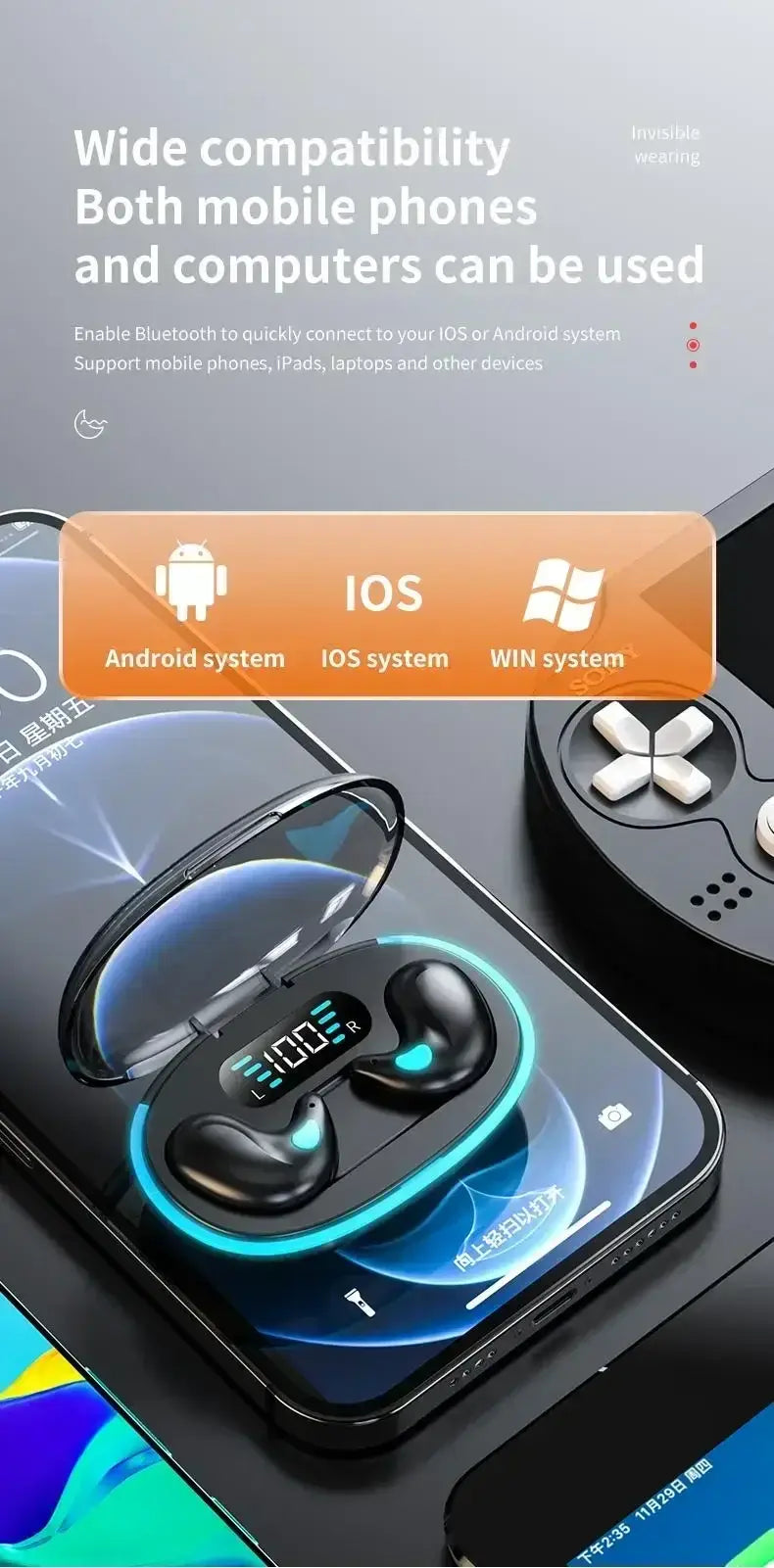 Wide compatibility of NEW X55 Wireless Sleep Earphones with Android, iOS, and WIN systems on mobile devices and computers.
