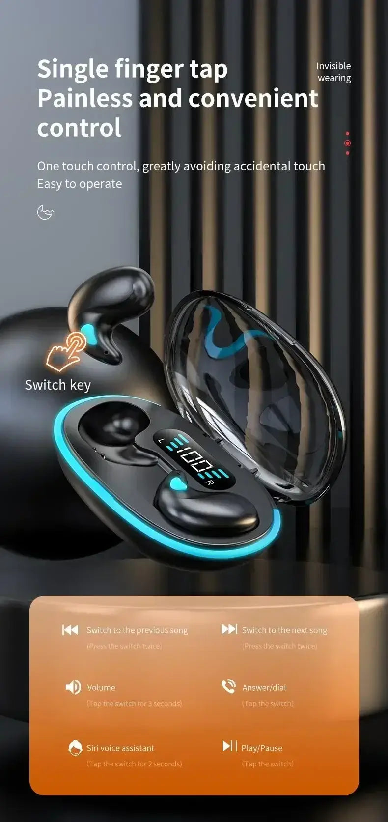X55 Wireless Sleep Earphones featuring one-touch control for easy operation and a LED display, designed for comfort and convenience.