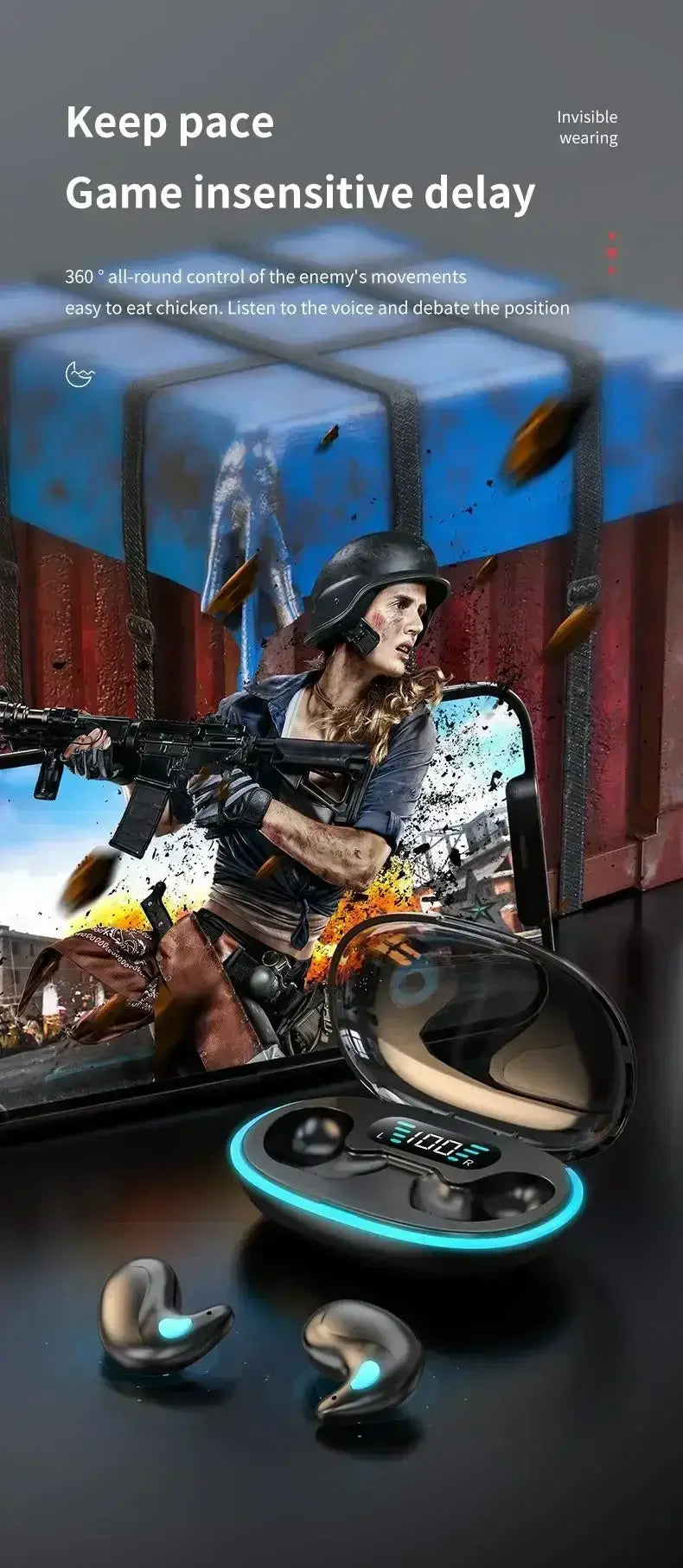 NEW X55 Wireless Sleep Earphones showcasing gaming environment, highlighting noise reduction and advanced sound control.