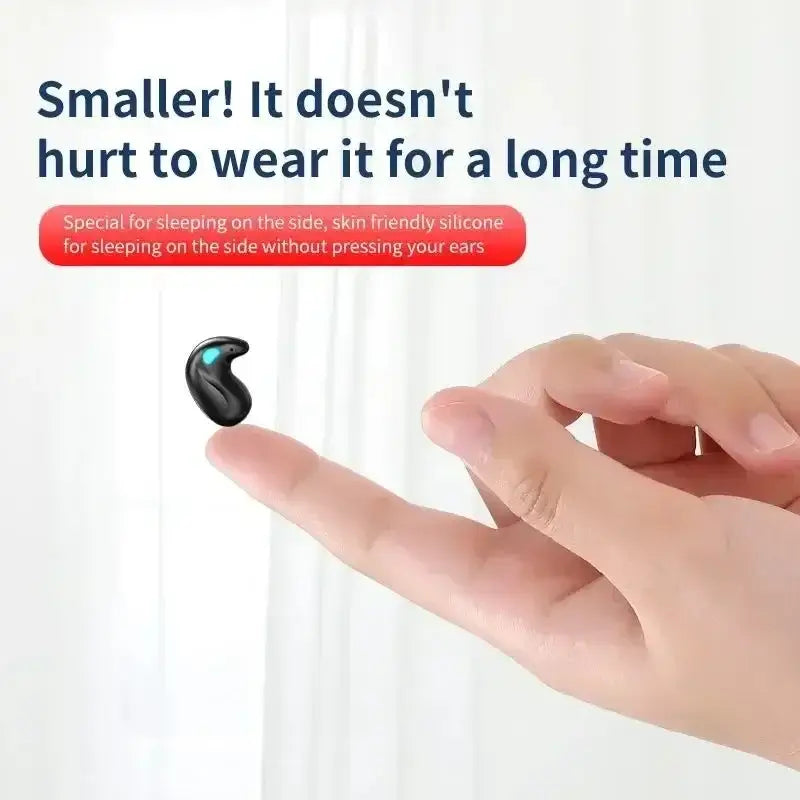 Image of a hand holding a small wireless earphone, highlighting comfort for prolonged wear and side-sleeping design.
