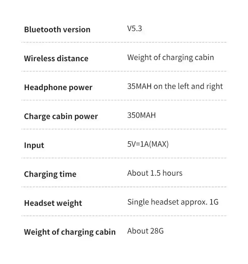 Specifications for NEW X55 Wireless Sleep Earphones including battery, charging time, and Bluetooth version.