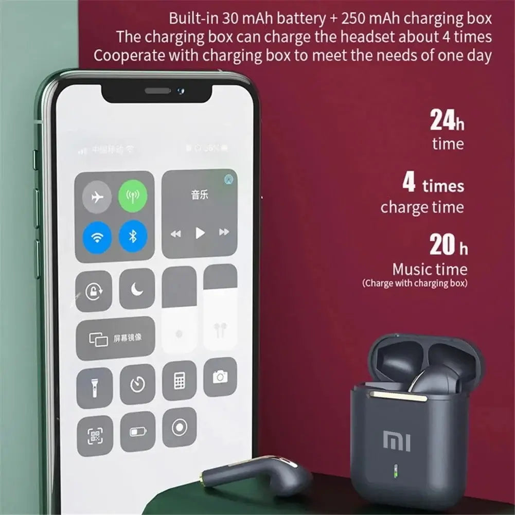 Xiaomi J18 Wireless Bluetooth Headset showcasing charging case, battery specs, and control panel on smartphone.