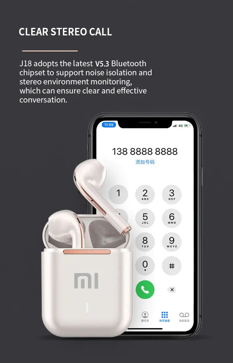 Xiaomi J18 Wireless Bluetooth Headset displayed with a smartphone, showcasing clear stereo call features.