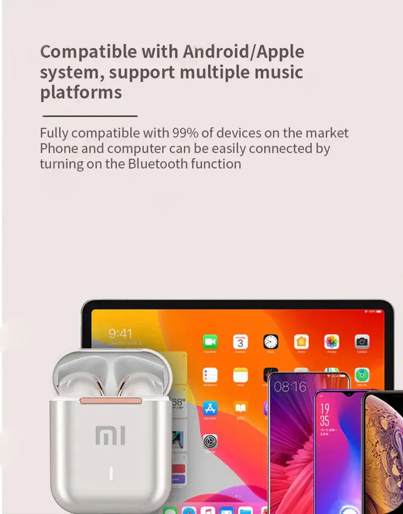 Xiaomi J18 Wireless Bluetooth Headset shown with compatible devices, highlighting Android and Apple support.