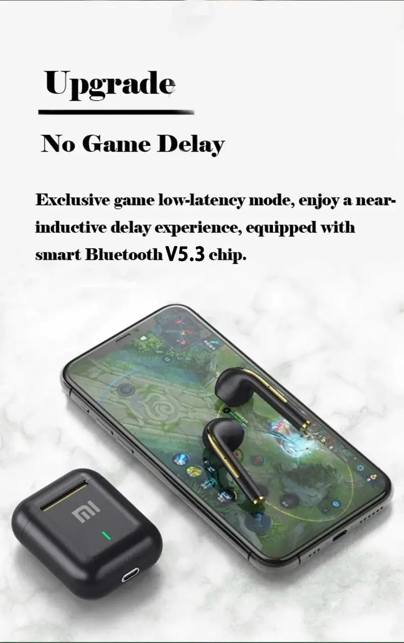 Xiaomi J18 TWS earphones with gaming mode, Bluetooth 5.3, displayed on smartphone during gameplay.