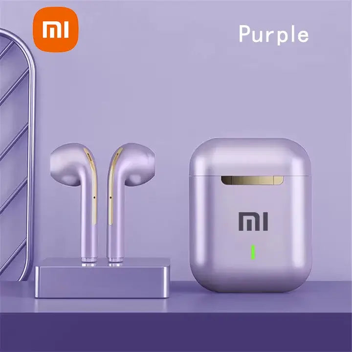 Xiaomi J18 Wireless Bluetooth headset in purple with charging case, showcasing TWS stereo earphones and sleek design.