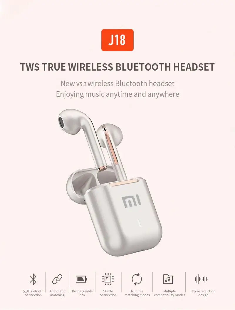 Xiaomi J18 TWS True Wireless Bluetooth Headset in charging case, enjoying music with advanced Bluetooth 5.3 technology.