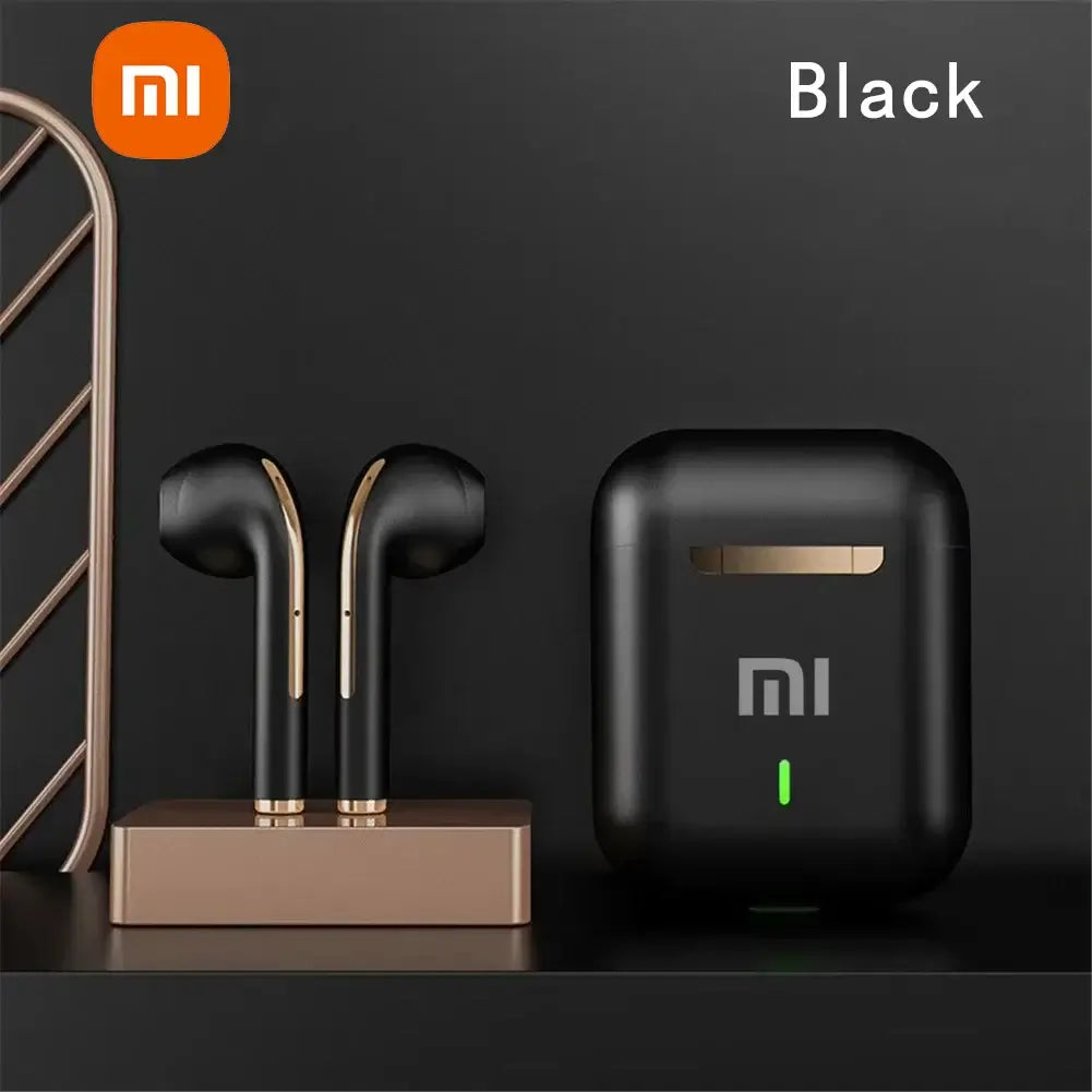Xiaomi J18 wireless Bluetooth headset in black with charging case displayed on a modern stand.