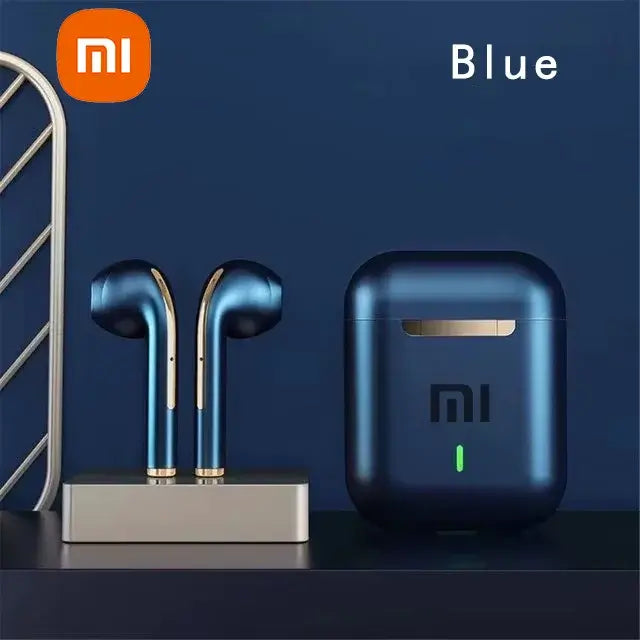 Xiaomi J18 TWS Bluetooth earphones and charging case in blue color, showcasing a sleek design on a stylish stand.