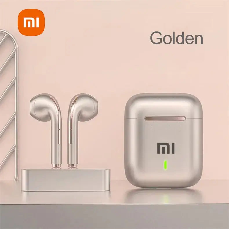 Xiaomi J18 wireless Bluetooth headset in golden color with charging case on display.