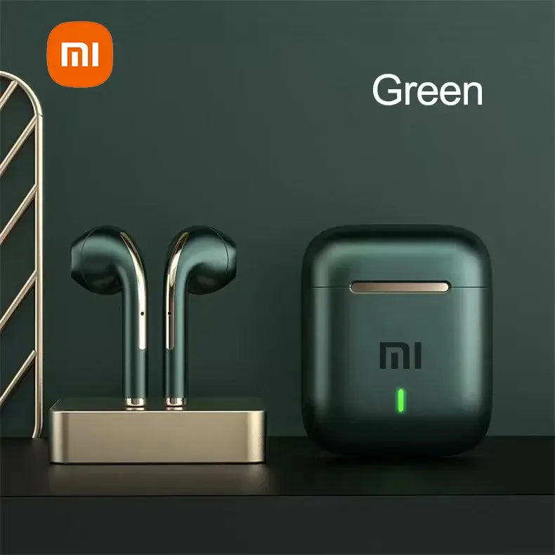 Xiaomi J18 Green Wireless Bluetooth headset with charging case on a minimalist surface.