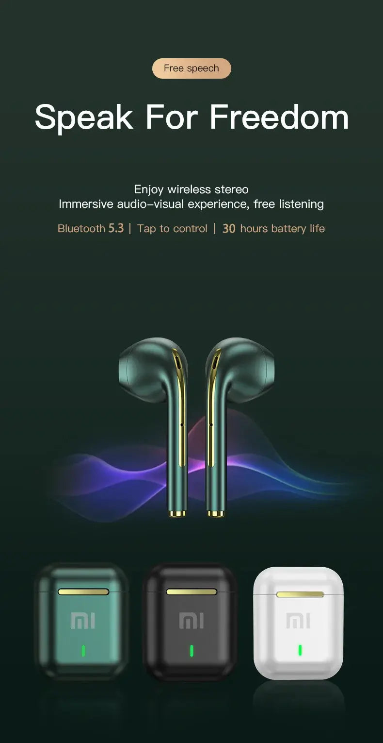 Xiaomi J18 TWS stereo earphones showcasing Bluetooth 5.3, 30 hours battery life, and immersive audio experience.