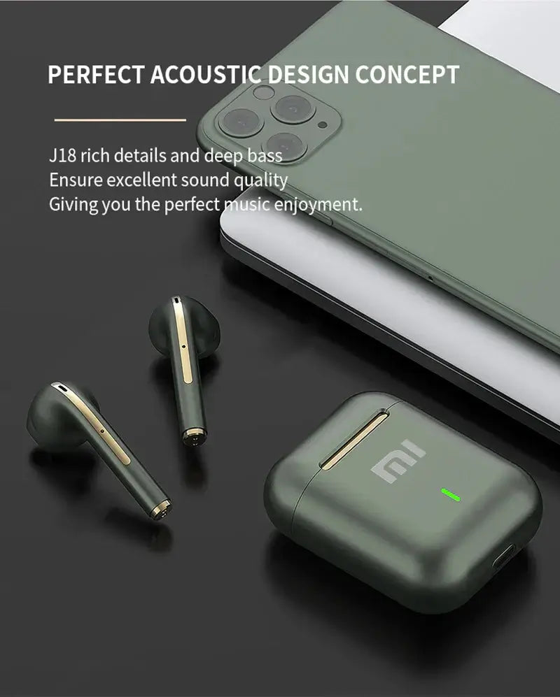 Xiaomi J18 wireless Bluetooth headset displaying rich details and deep bass for excellent sound quality.