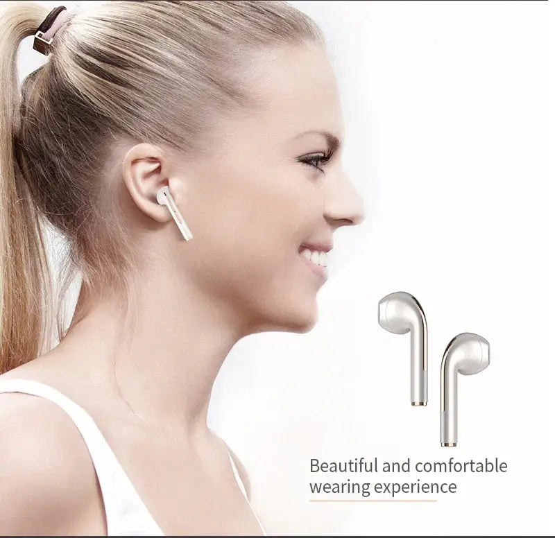 Woman wearing Xiaomi J18 TWS stereo earphones, showcasing a beautiful and comfortable fit.