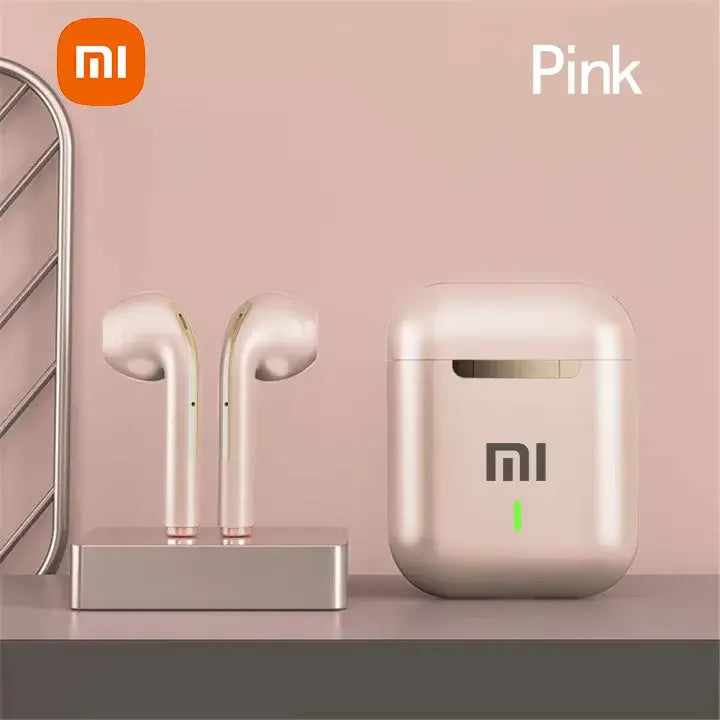 Xiaomi J18 TWS Wireless Bluetooth headset in pink color with charging case displayed on a modern surface.