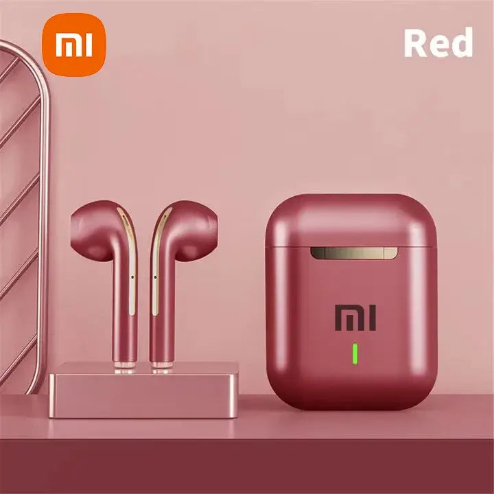 Xiaomi J18 Wireless Bluetooth Headset in red color with charging case on a soft pink background.