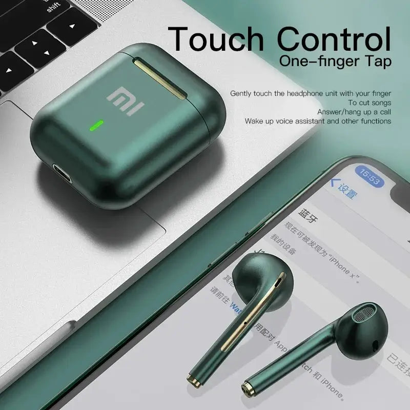 Xiaomi J18 TWS earbuds with charging case, featuring touch control and smartphone connectivity.