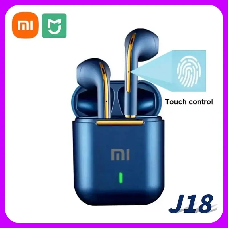 Xiaomi J18 Wireless Bluetooth Headset in blue with touch control feature and charging case.