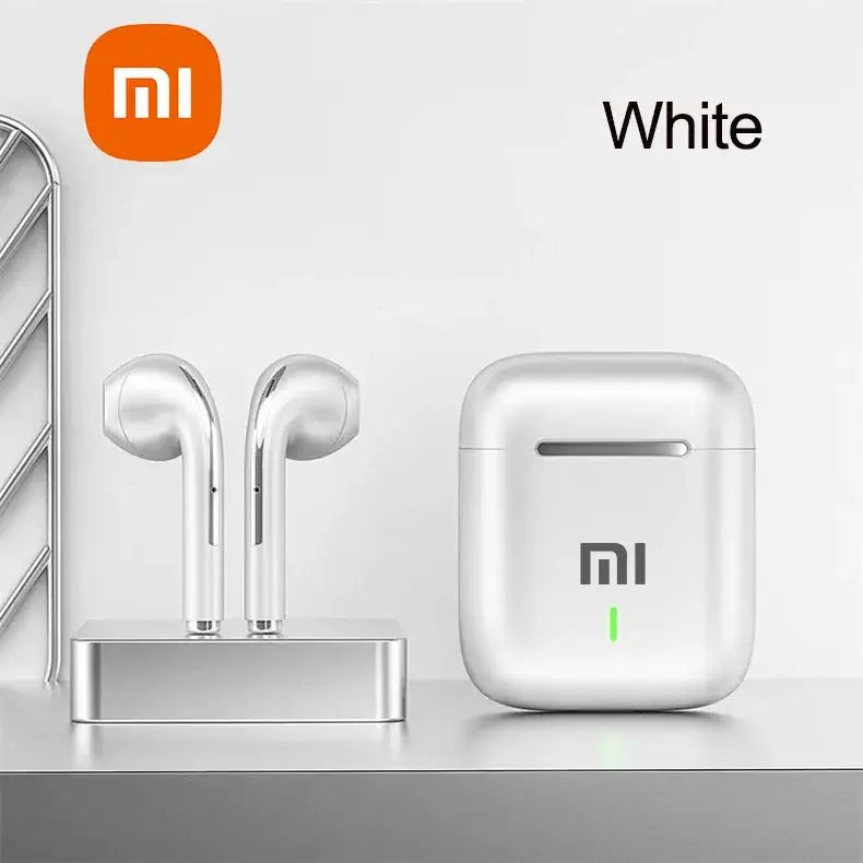 Xiaomi J18 Wireless Bluetooth Headset in white with charging case on a sleek surface.