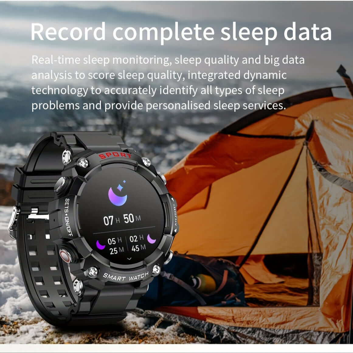 ZSVE Mart sports watch displaying sleep data analytics beside a camping tent, ideal for tracking sleep quality and patterns.