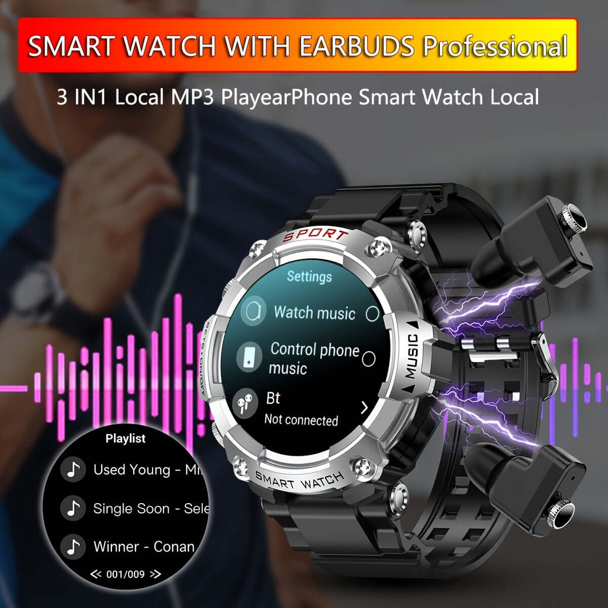 ZSVE Mart sports watch with TWS earbuds showcasing media control features and music playlist display.