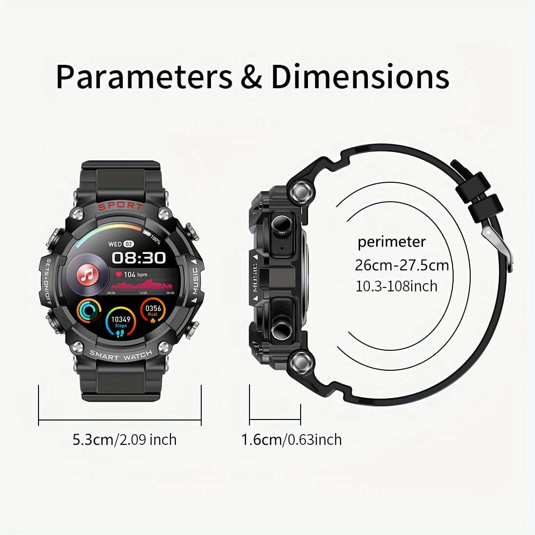 ZSVE Mart sports watch dimensions, showing screen size and band perimeter measurements of 26cm-27.5cm.
