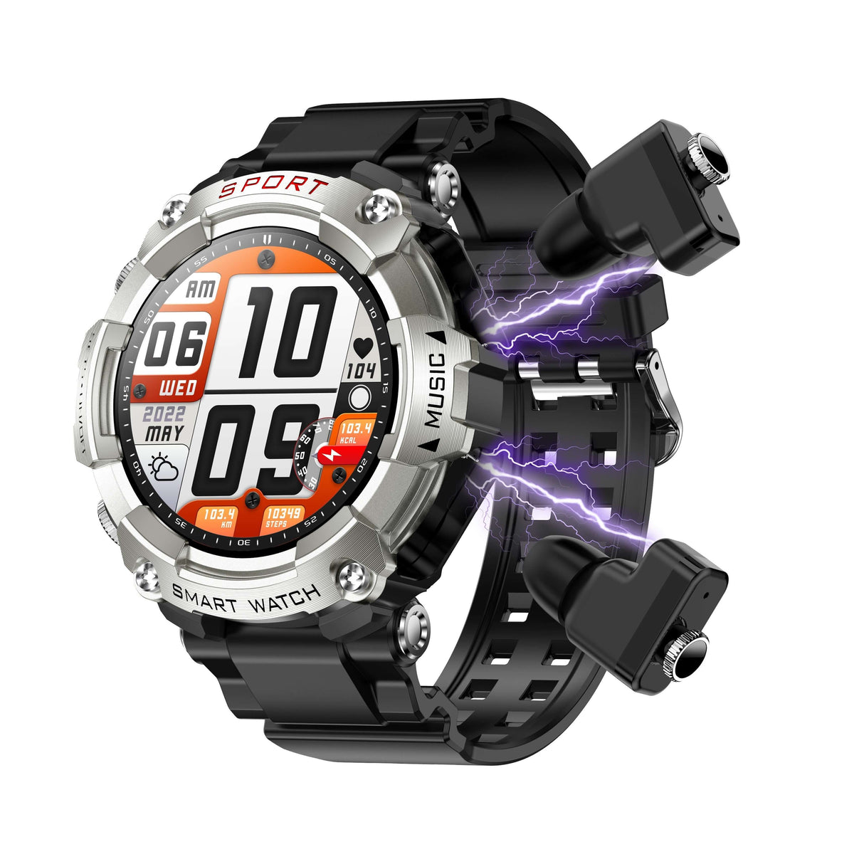 ZSVE Mart sports watch with TWS earbuds and tracker, featuring a sleek design, touch control, and USB rechargeable battery.