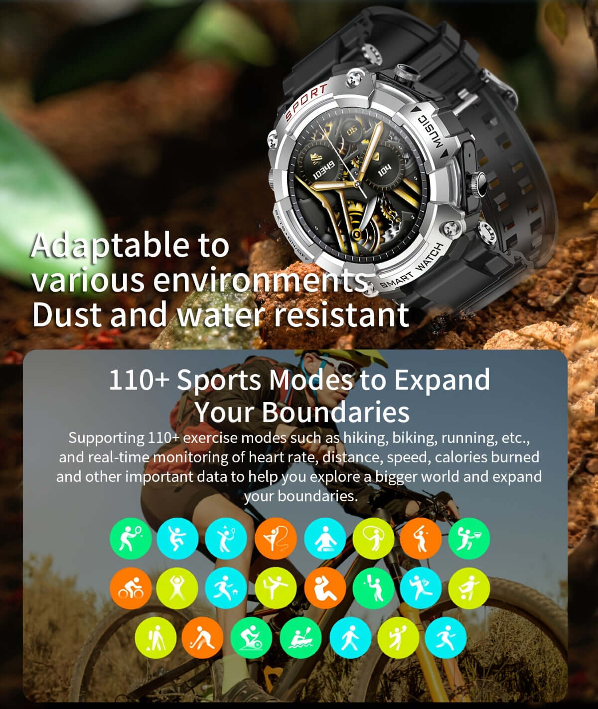 ZSVE Mart sports watch showcasing its features: dust and water resistance, adaptable design, and 110+ exercise modes.
