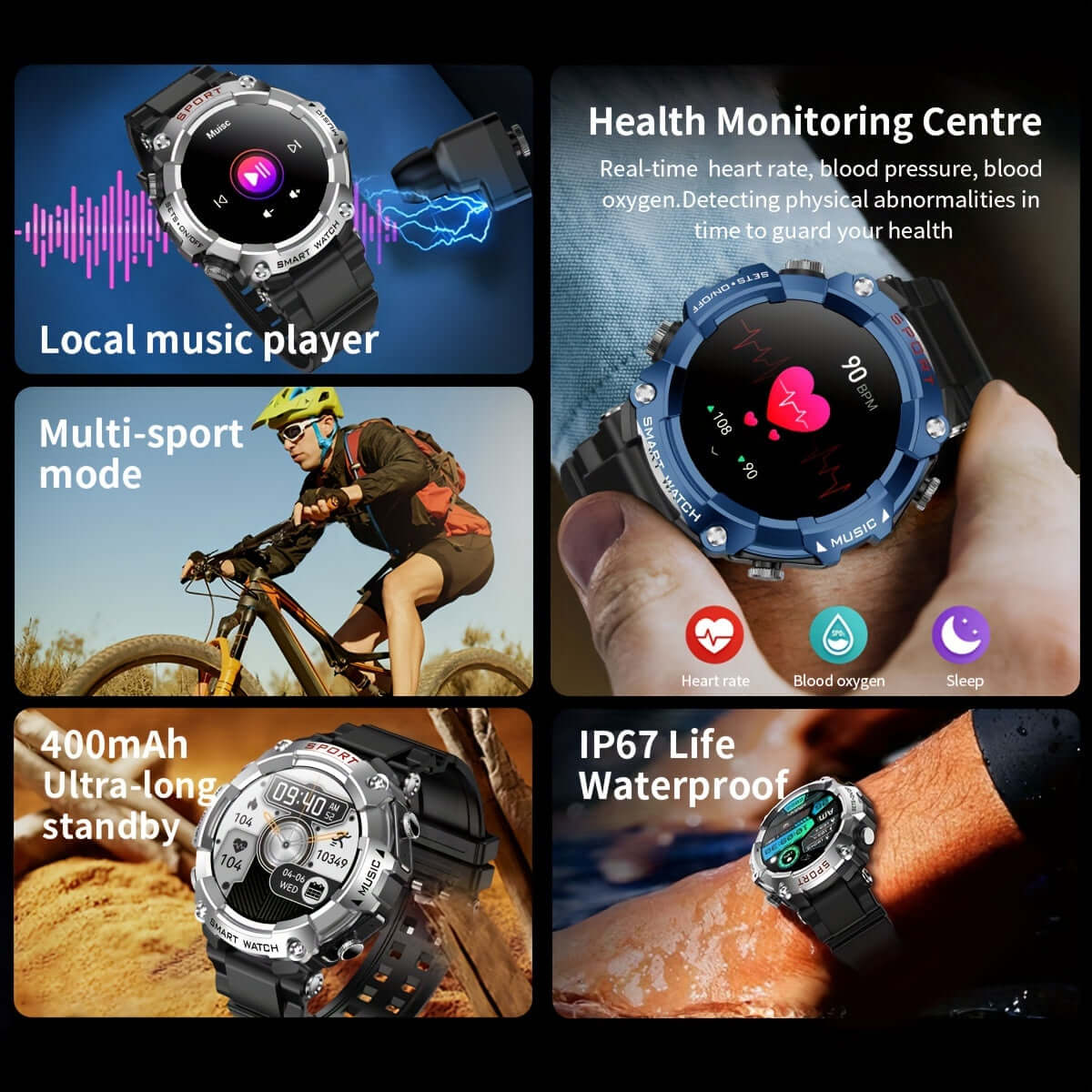 ZSVE Mart sports watch features health monitoring, multi-sport mode, local music player, and IP67 waterproof rating.