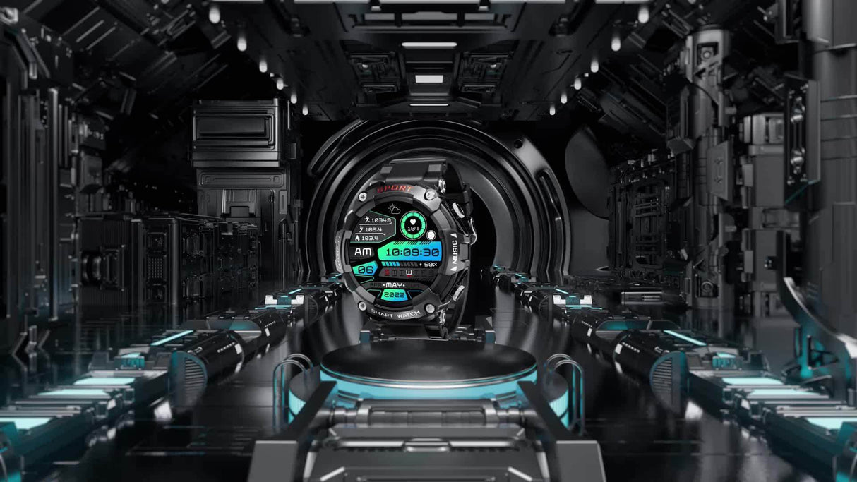 ZSVE Mart sports watch displayed in a futuristic tech environment, showcasing digital interface and sleek design.