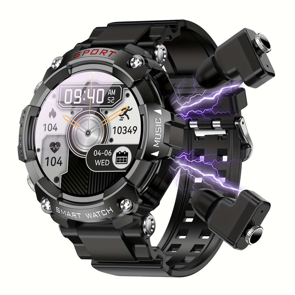 ZSVE Mart sports watch with TWS earbuds and tracker, showcasing a black design, touch controls, and magnetic charging feature.