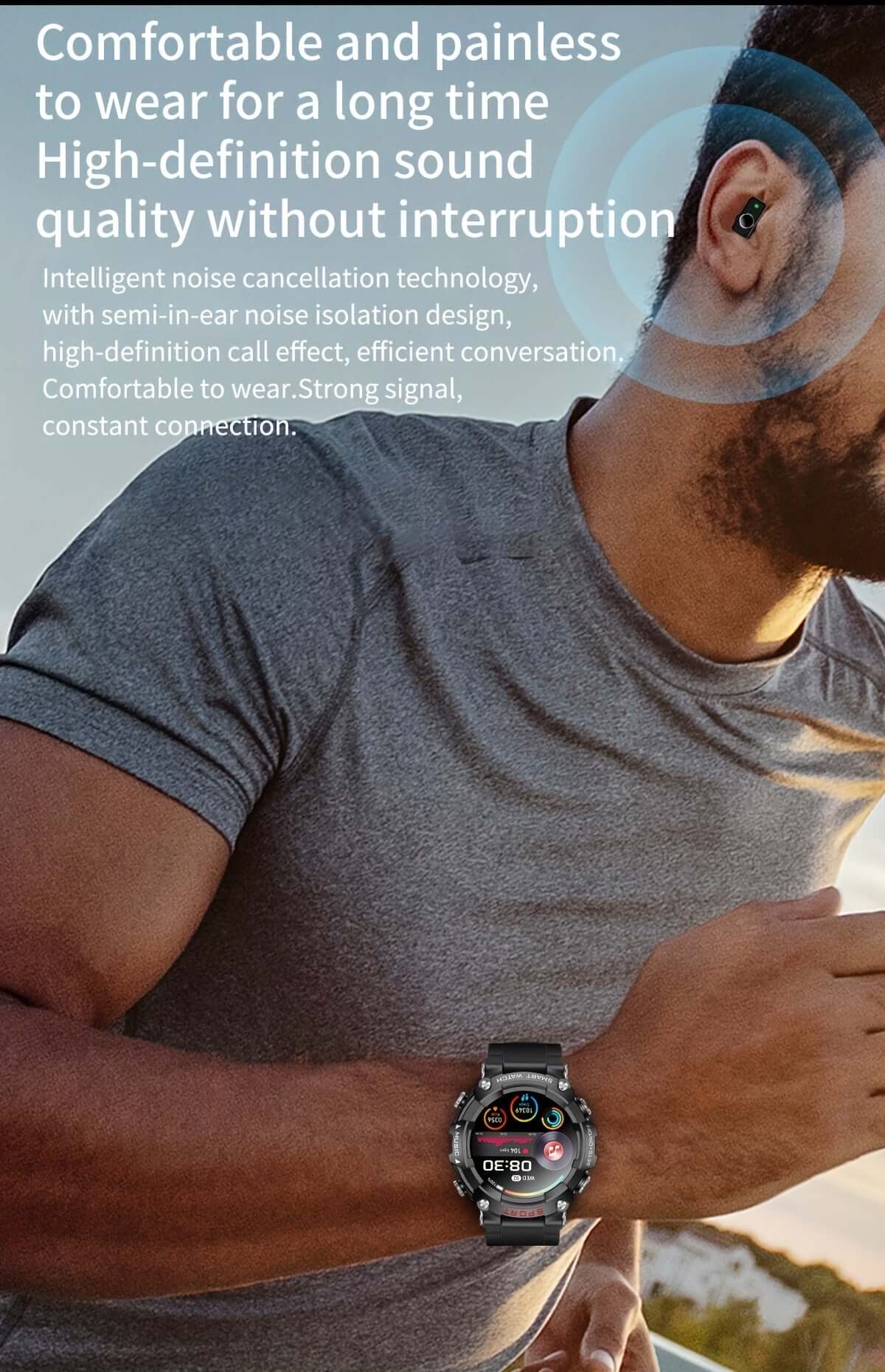 Man wearing ZSVE Mart sports watch and TWS earbuds, showcasing comfort, noise cancellation, and high-definition sound quality.