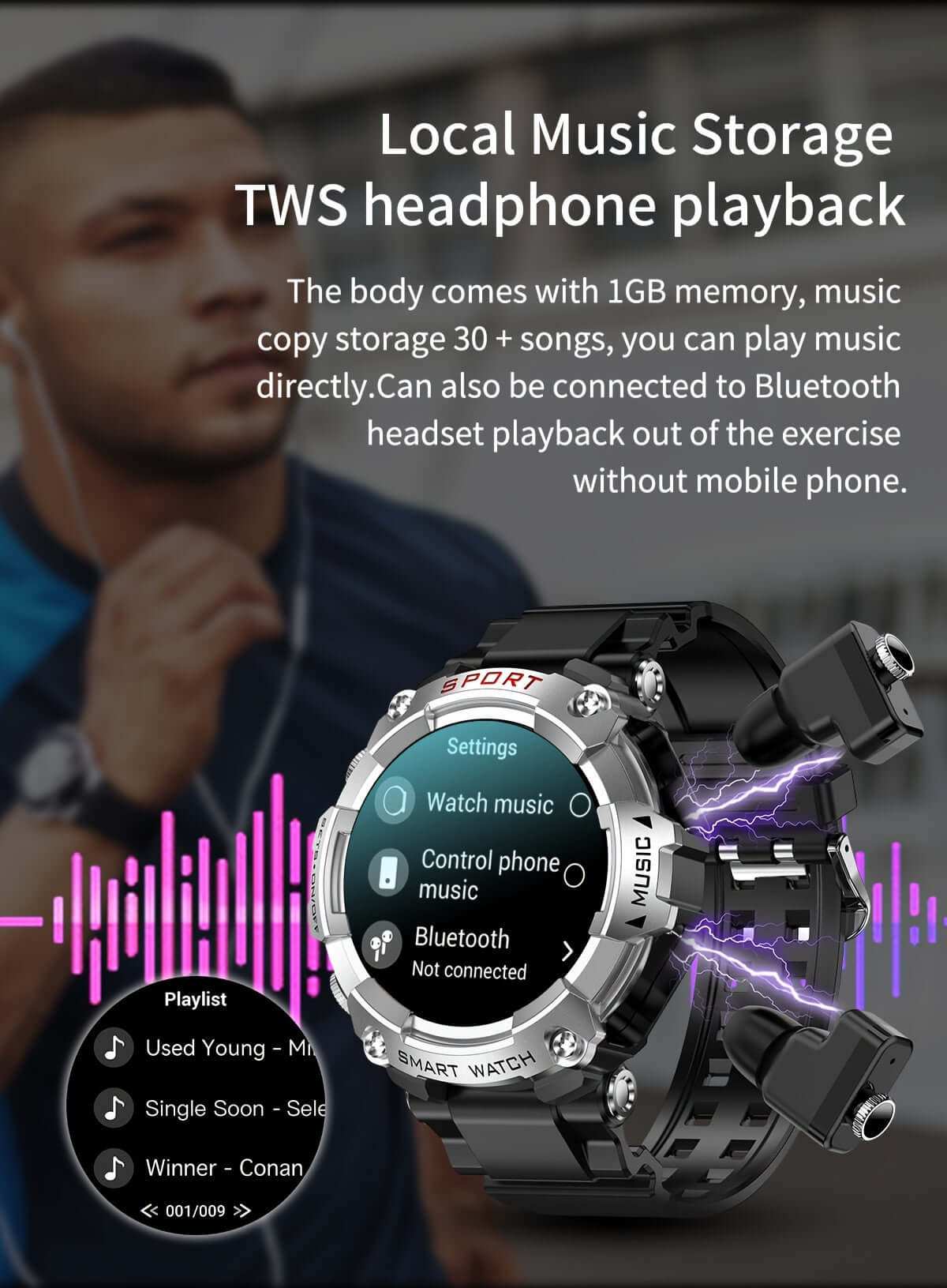 ZSVE Mart Sports Watch showcasing local music storage and TWS headphone playback with Bluetooth connectivity and playlist options.