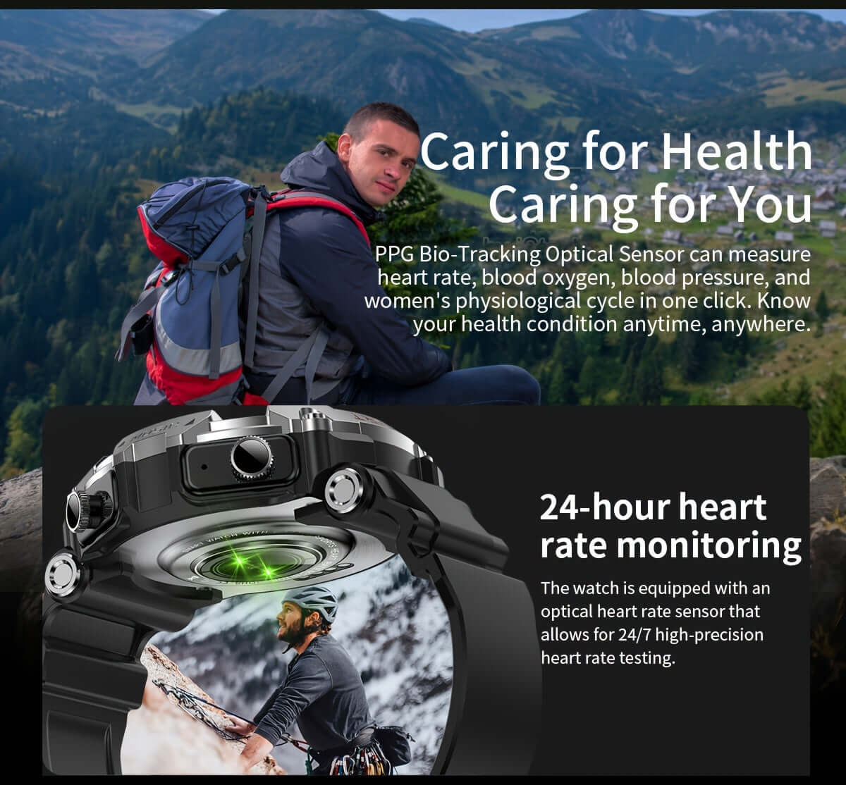 ZSVE Mart sports watch features PPG bio-tracking sensor for heart rate and health monitoring in outdoor settings.