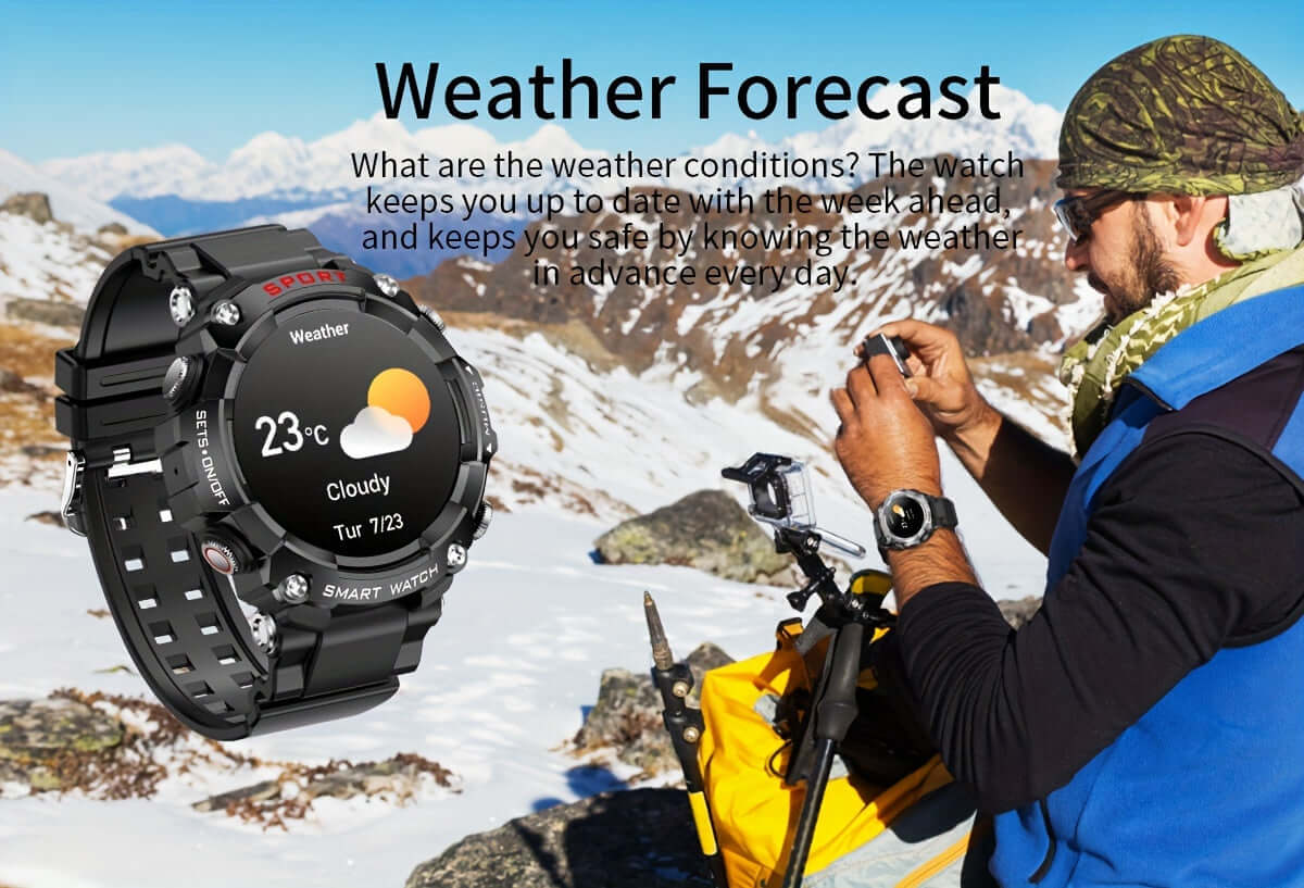 ZSVE Mart sports watch displaying weather forecast, worn by a man in mountains with a smartphone in hand.