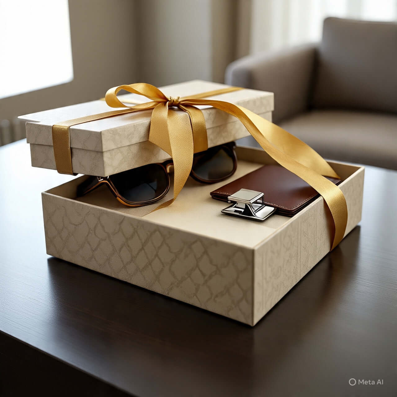 Elegant gift box with sunglasses and accessories, styled with a golden ribbon for luxury gifting under $100.