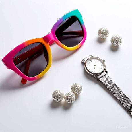 Colorful oversized sunglasses, silver watch, and decorative pearls arranged on a white background.