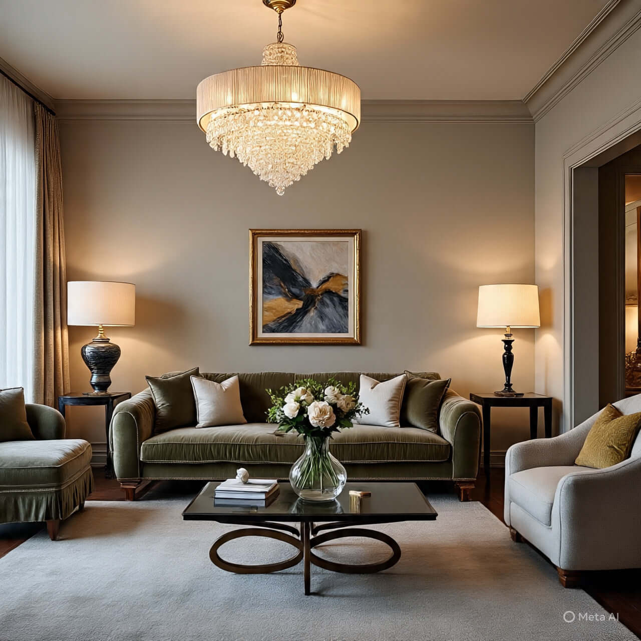 Elegant living room featuring a chandelier, plush sofas, and stylish decor elements for a luxurious ambiance.