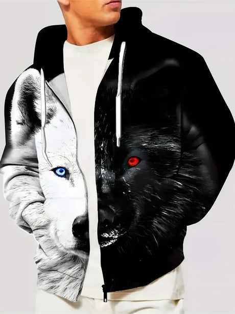 Stylish men's jacket featuring a unique design with a wolf graphic split between white and black halves.