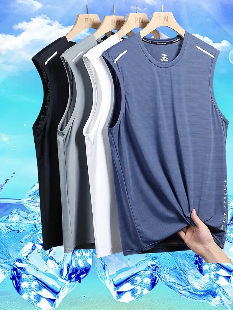 Men's athletic tops in black, gray, white, and navy, displayed with water-themed background for a fresh summer look.