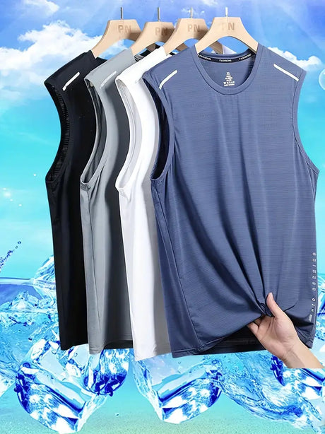 Men's athletic tops in black, gray, white, and navy, displayed with water-themed background for a fresh summer look.